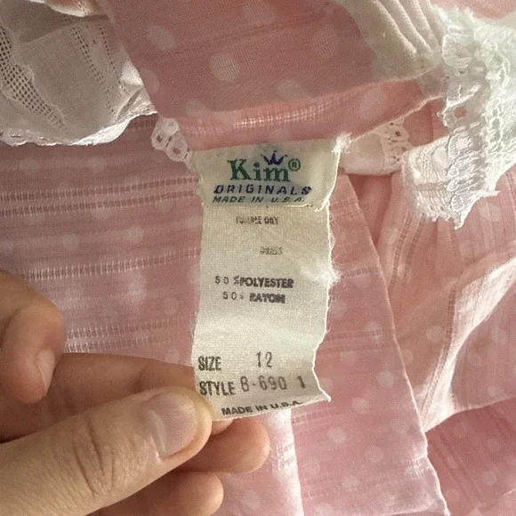 Vtg Kim Originals Dress Girls Prairie 12 Polka Dot Lace Collar Farmcore Cottagec - Picture 11 of 14